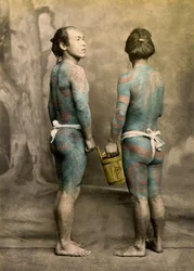 Zwei Männer mit traditionellen japanischen Irezumi-Tattoos, ca. 1880